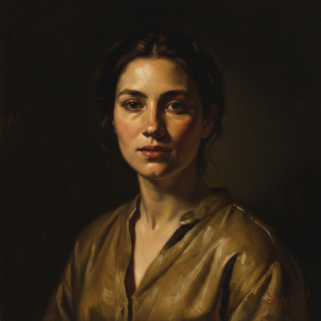 Portrait transformed into an oil painting with deeper shadows and painterly texture