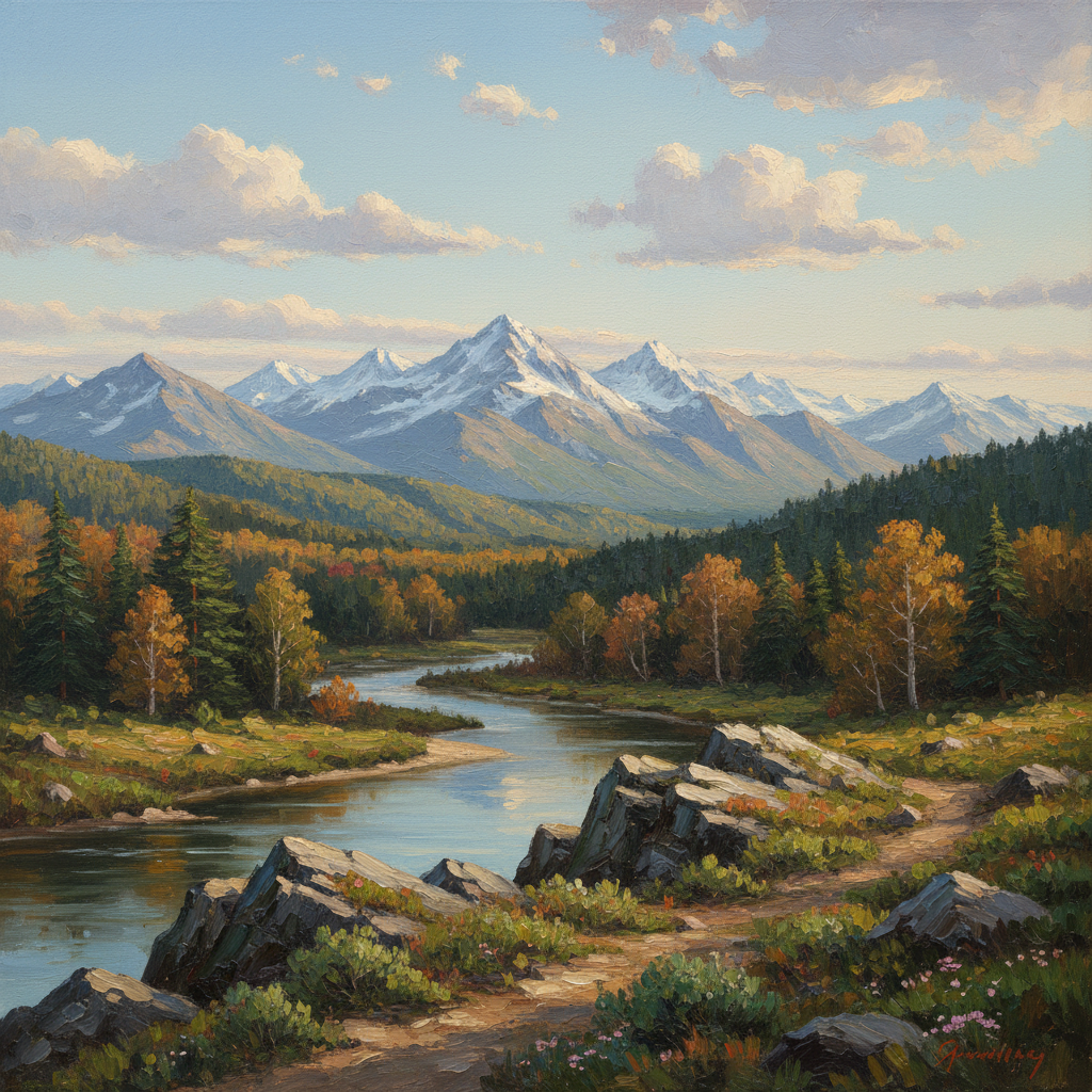 Landscape rendered with atmospheric depth and oil painting texture